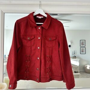 Skye's the Limit Red Jean Jacket with Lace-Up Detail